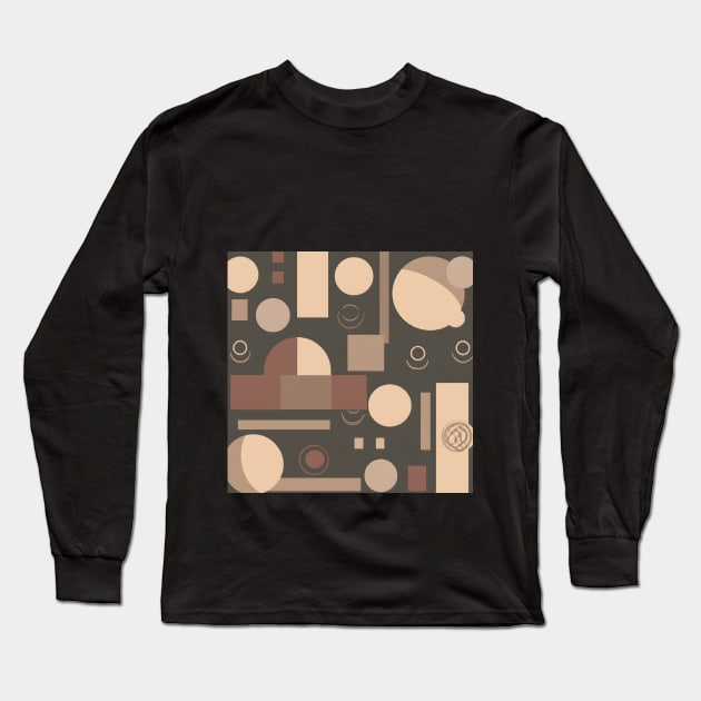 Abstract geometric shapes pattern. Triangles, circles, and rectangles in muted earth tones. Retro-inspired wallpaper design. Long Sleeve T-Shirt by Zenflow